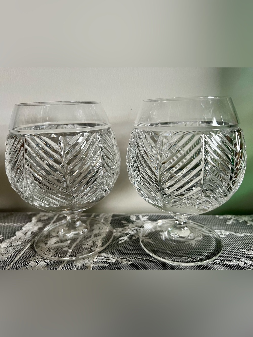 Ralph Lauren Crystal Herringbone Chevron Brandy Snifter Glasses Signed